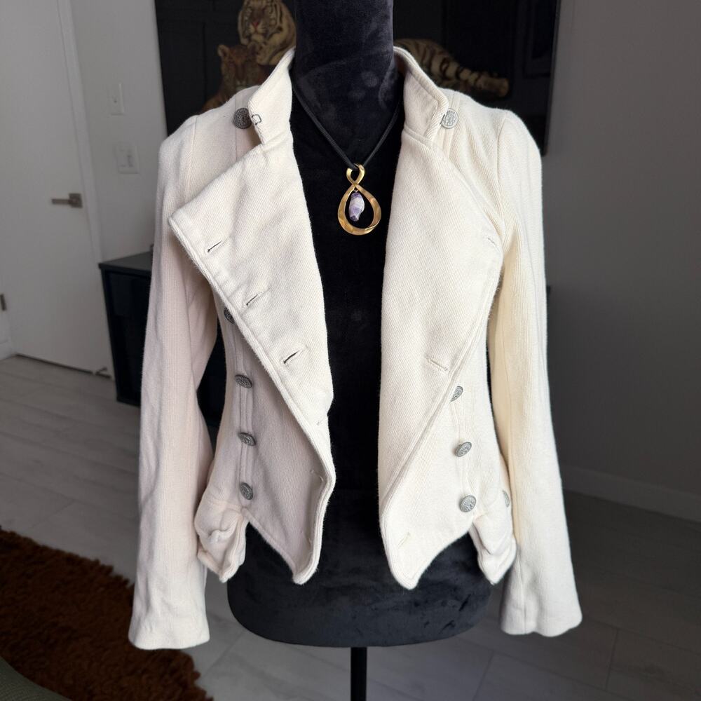 Free People We The Free Button Women's 8 Cream Moto Military Jacket Grunge - Picture 2 of 10